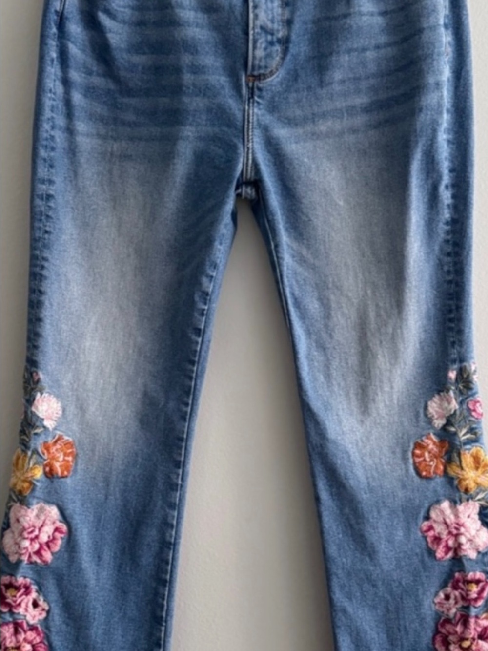 DRIFTWOOD Medium Blue Boot Cut Jeans with Floral Embroidery